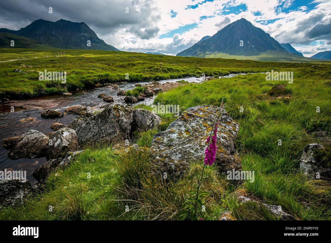 Meadow and River Etive and Creag Dubh mountain, Scotland, United Kingdom Stock Photo