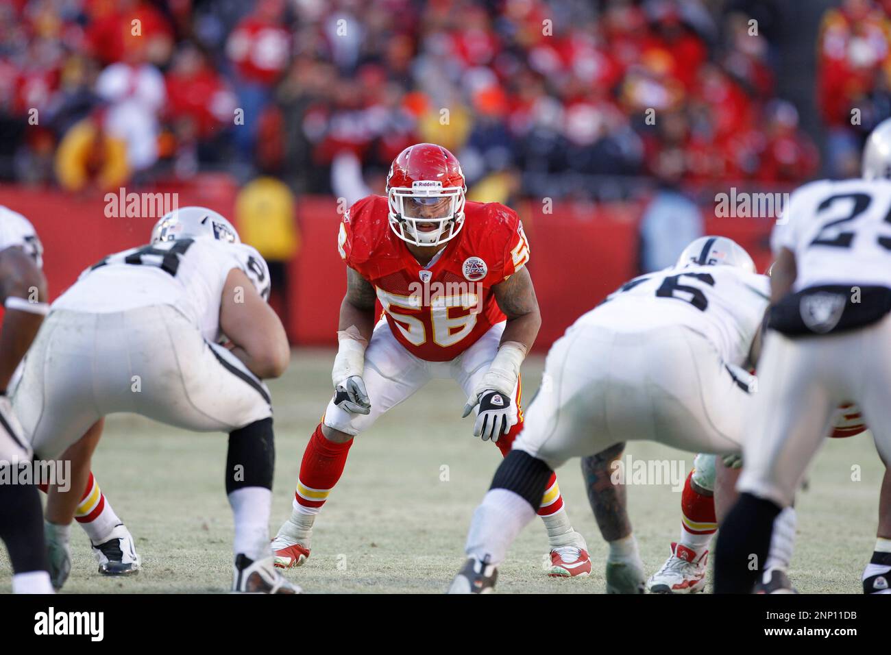 02 January 2011: Linebacker Derrick Johnson of the Chiefs stares into ...