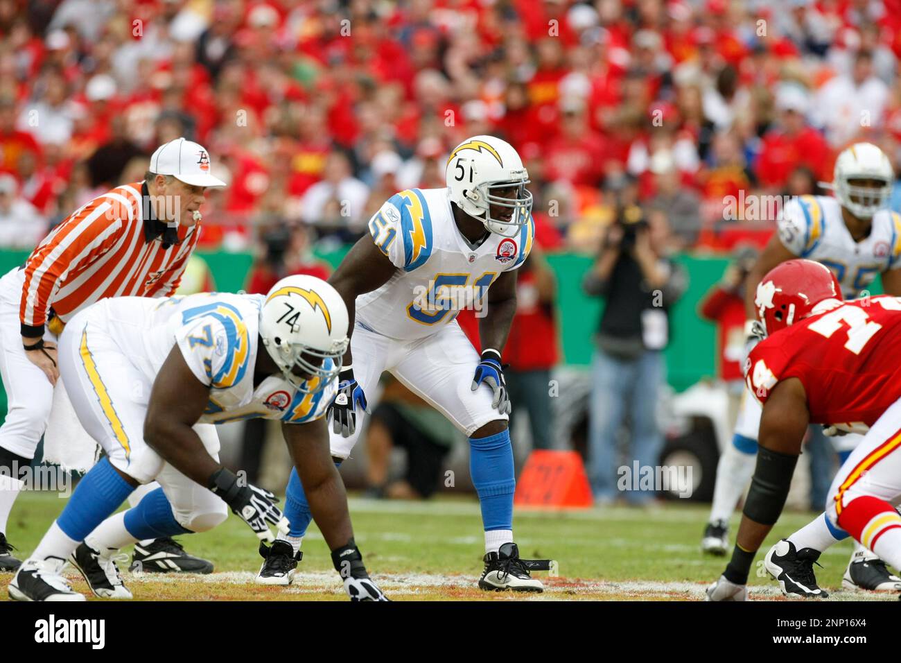 25 October 2009: San Diego Chargers tight end Antonio Gates (85) pulls away  from Kansas City Chiefs linebacker Jovan Belcher (59)during the Chargers  37-7 victory over the Chiefs at Arrowhead Stadium in