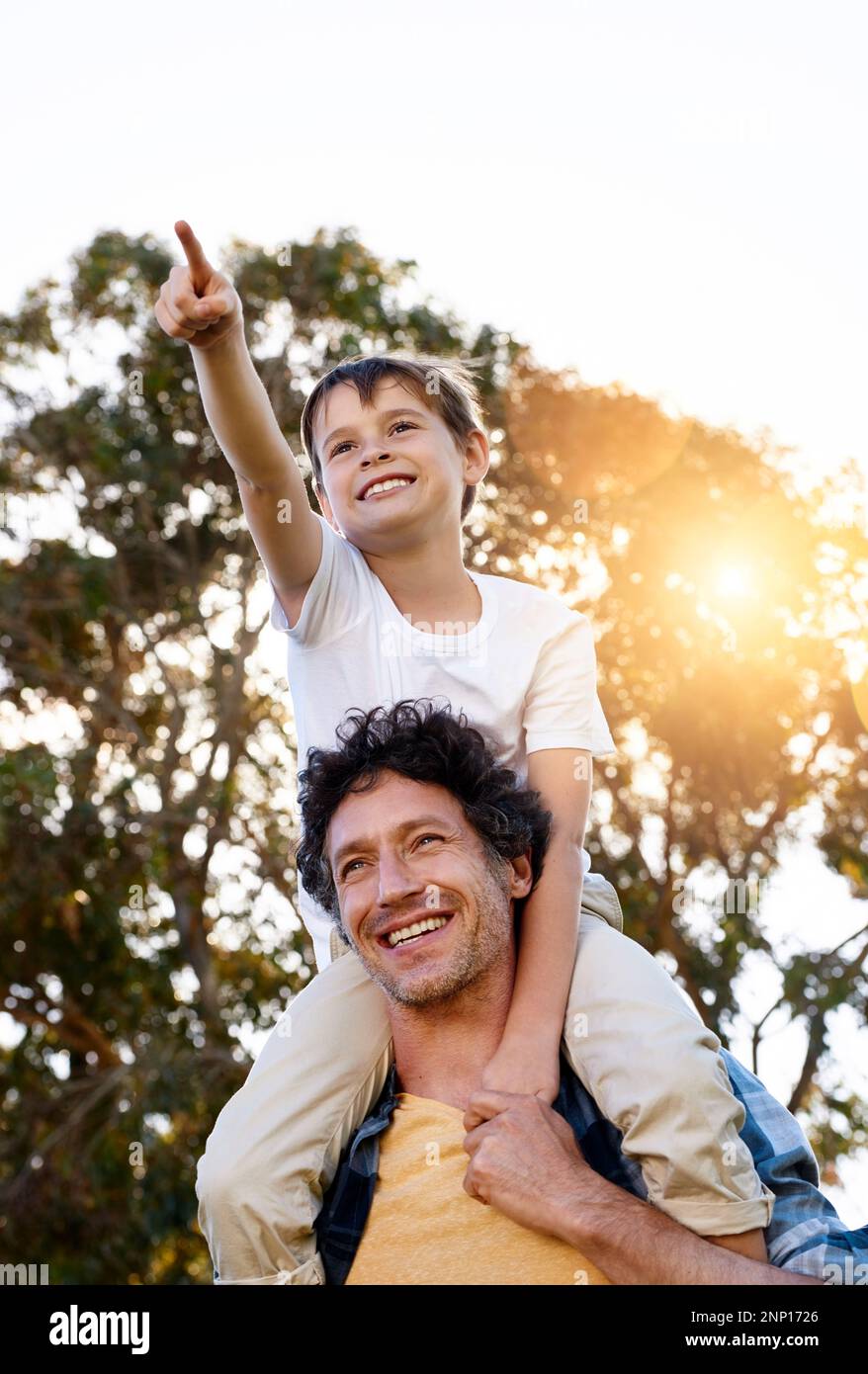 Dad, do you see that. a happy boy pointing at something while being ...