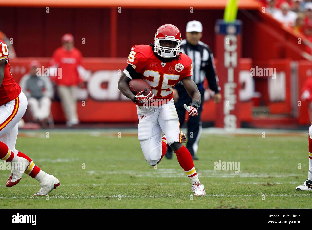 31 October 2010: Chiefs running back Jamaal Charles runs through a larger  hole in the Bills defense. The Kansas City Chiefs defeated the Buffalo Bills  13 to 10 in the final seconds