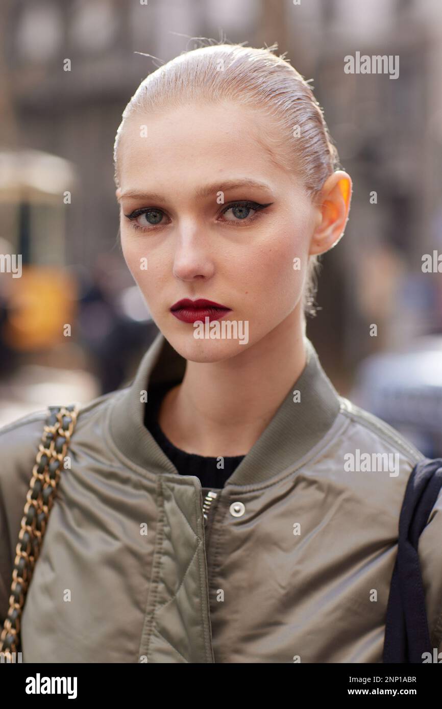 Model Valeria Buldini outside Dolce & Gabbana fashion show during the