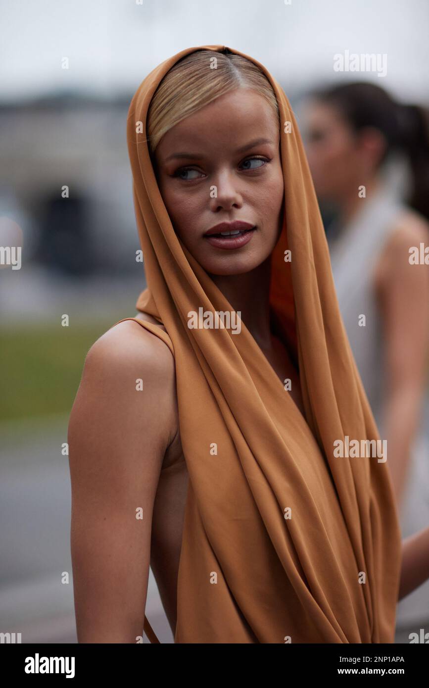 Frida Aasen outside Alberta Ferretti fashion show during the Milan