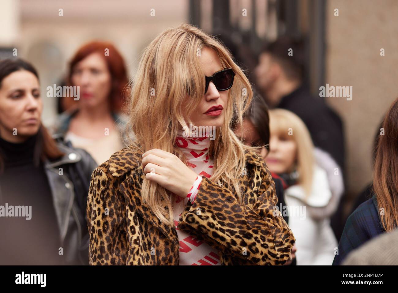 Georgia May Jagger outside Philosophy Di Lorenzo Serafini fashion show during the Milan Fashion Week Womenswear Fall/Winter 2023/2024 Stock Photo