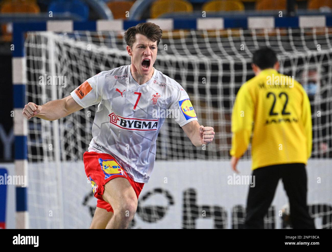 Denmark's Emil M. Jakobsen celebrates during the World Handball