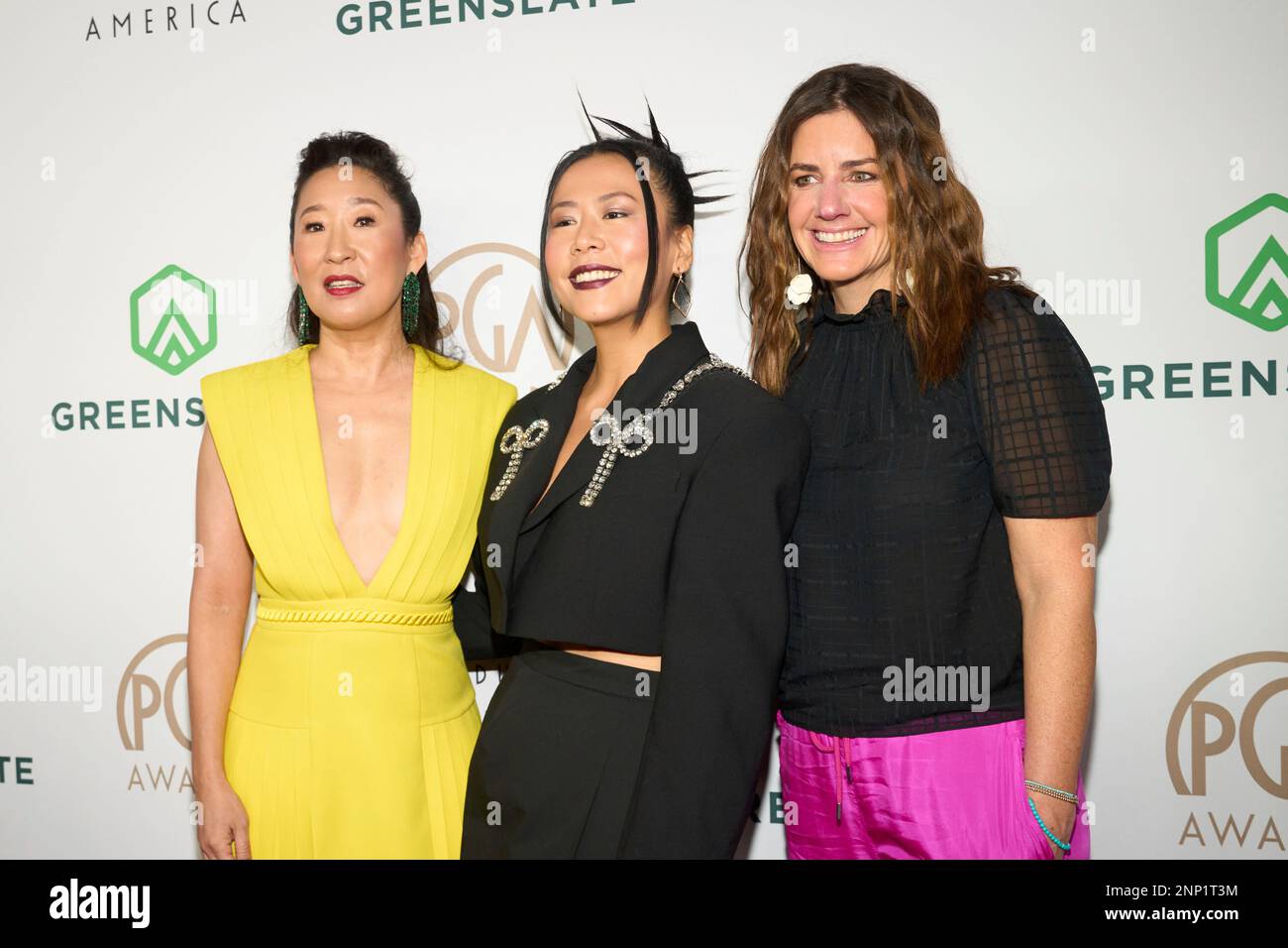 Sandra Oh, from left, Domee Shi, and Lindsey Collins arrive at the 34th ...