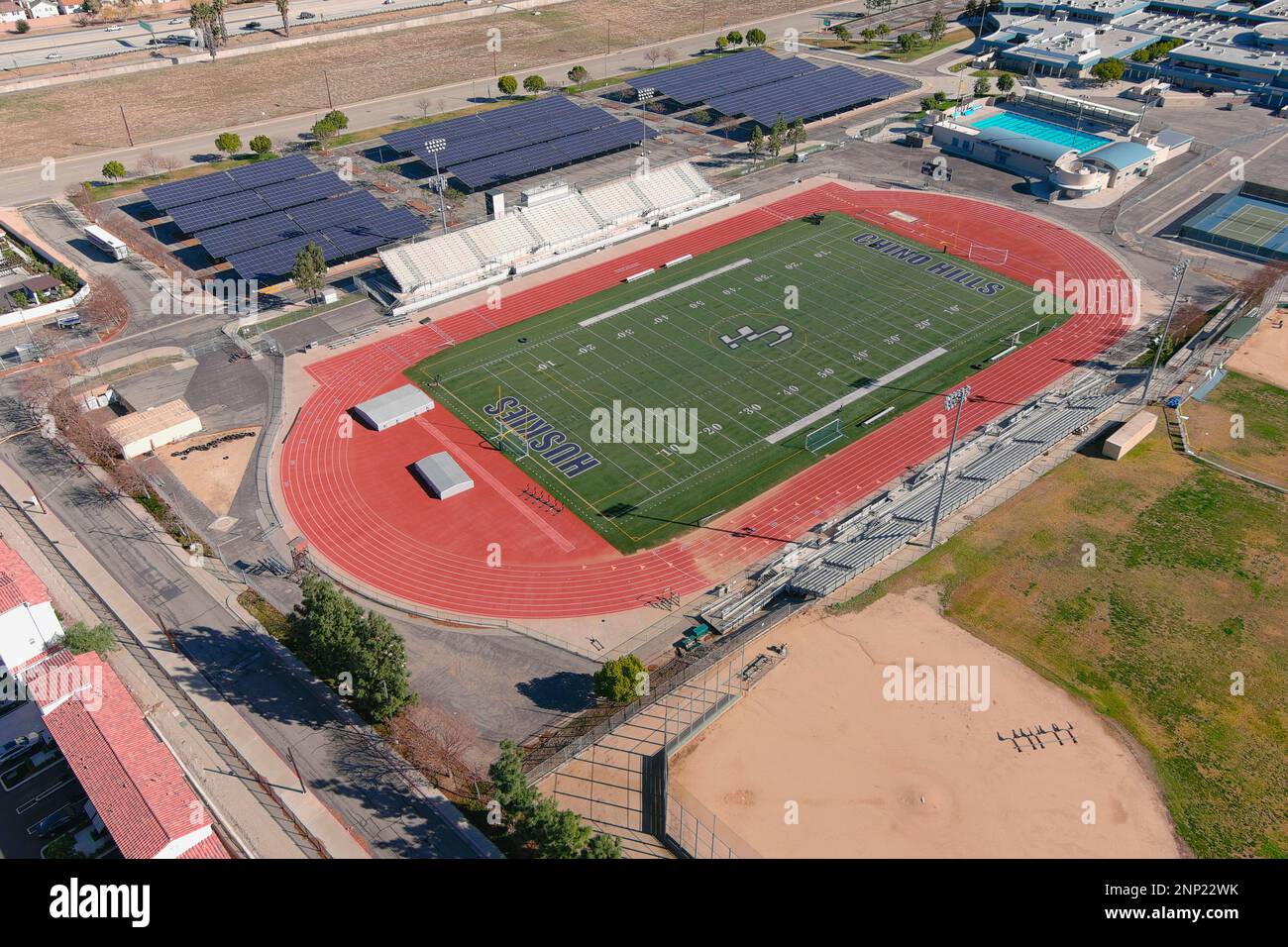 An aerial view of Chino Hills High School track and football field