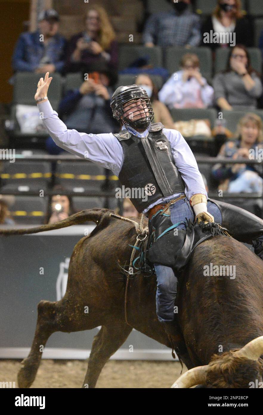 CEDAR PARK, TX - JANUARY 16: Grayson Cole rides Oreo during the  Professional Bull Riders Tour Cedar Park Chute Out on January 16, 2021 at  the H-E-B Center in Cedar Park, TX. (