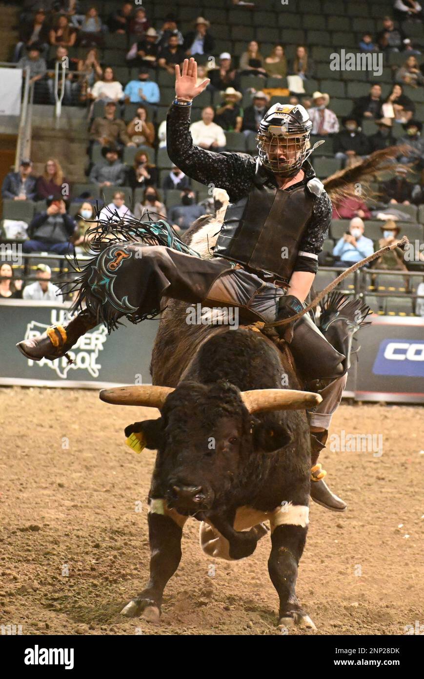 CEDAR PARK, TX - JANUARY 16: Grayson Cole rides Oreo during the  Professional Bull Riders Tour Cedar Park Chute Out on January 16, 2021 at  the H-E-B Center in Cedar Park, TX. (