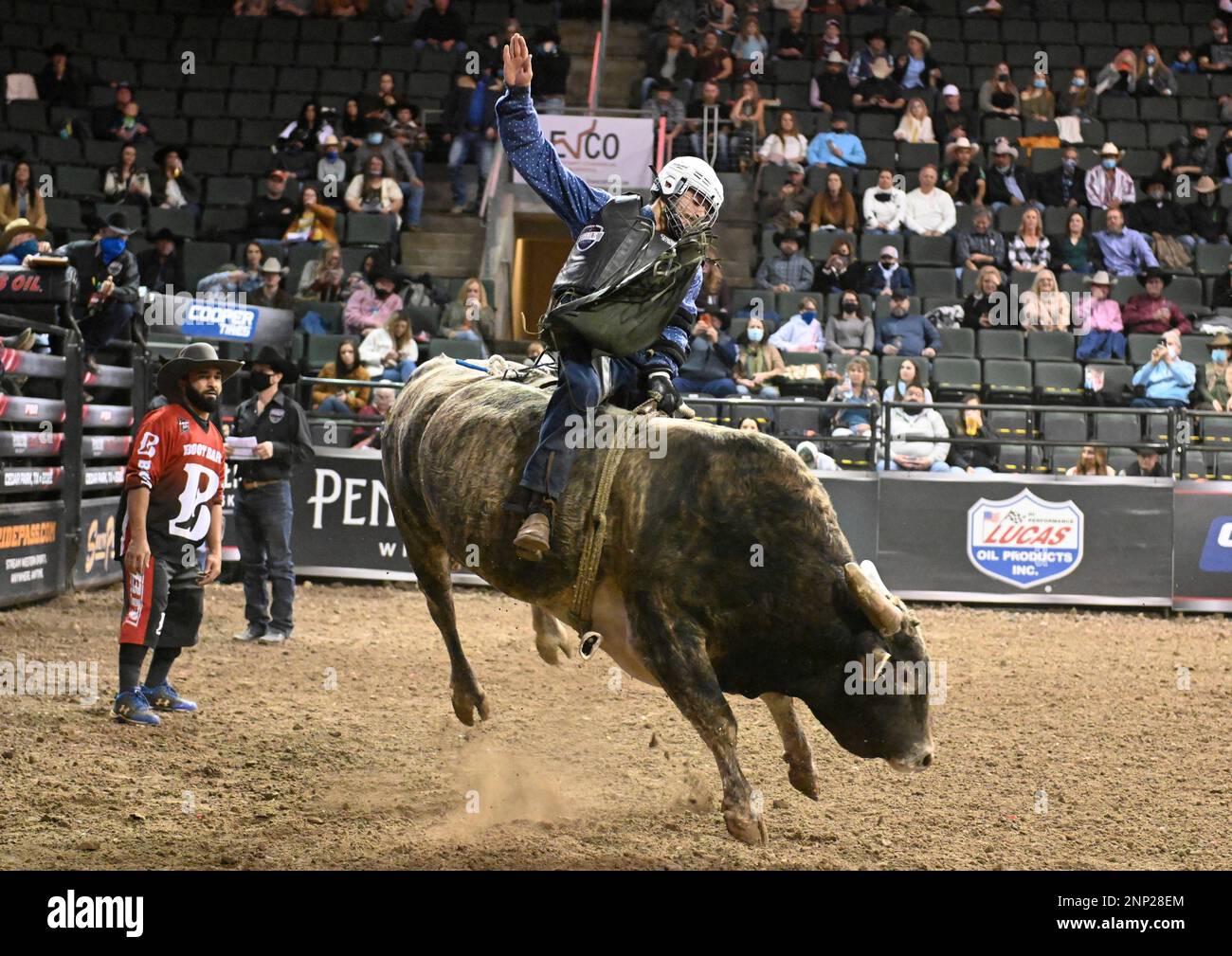 CEDAR PARK, TX - JANUARY 16: Grayson Cole rides Oreo during the  Professional Bull Riders Tour Cedar Park Chute Out on January 16, 2021 at  the H-E-B Center in Cedar Park, TX. (