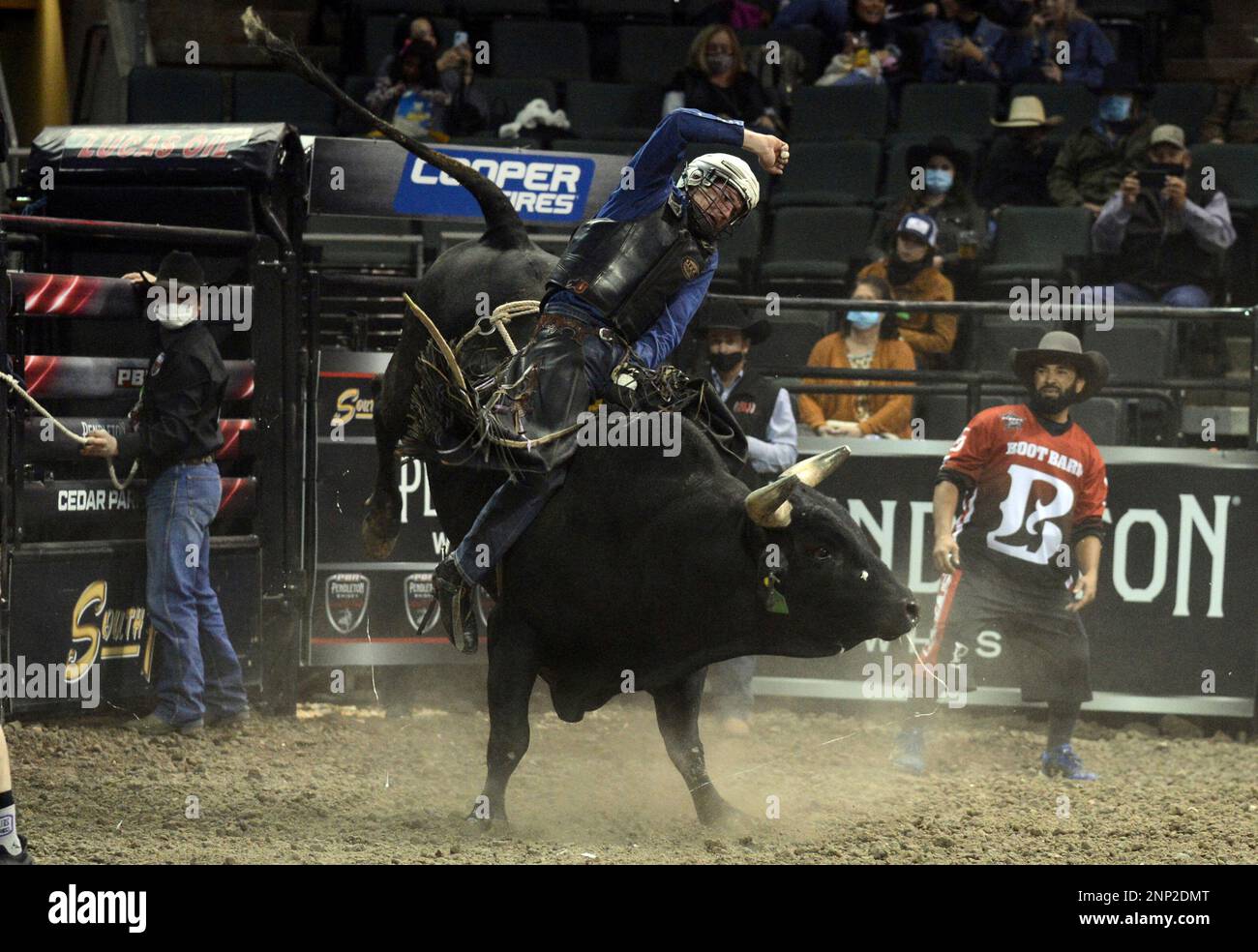 CEDAR PARK, TX - JANUARY 16: Lucas Fideles Souza rides Kangaroo during the  Professional Bull Riders Tour Cedar Park Chute Out on January 16, 2021 at  the H-E-B Center in Cedar Park