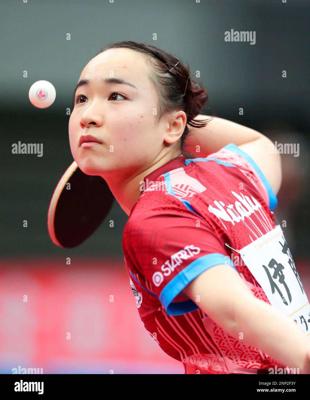 Japanese table tennis player Mima Ito competes during the quarterfinal match of women's singles against Miyu Nagasaki at Maruzen Intec Arena Osaka in Osaka on January 16, 2021. Mima Ito won a bronze medal in the Women's Team event at the 2016 Summer Olympics when she was 15 years old. ( The Yomiuri Shimbun via AP Images ) Stock Photo