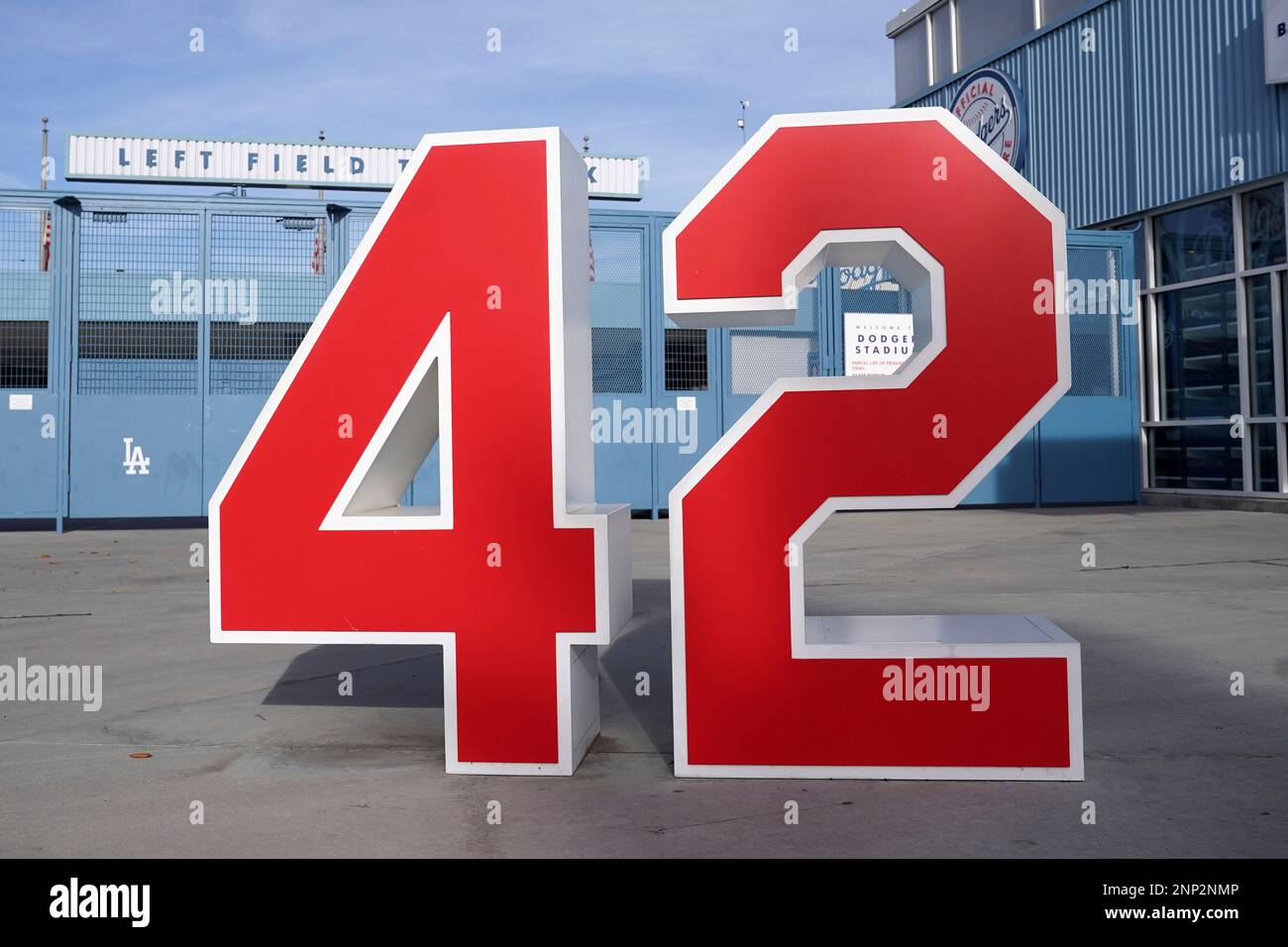 The No. 42 of Jackie Robinson at the Retired Numbers Plaza at Dodger