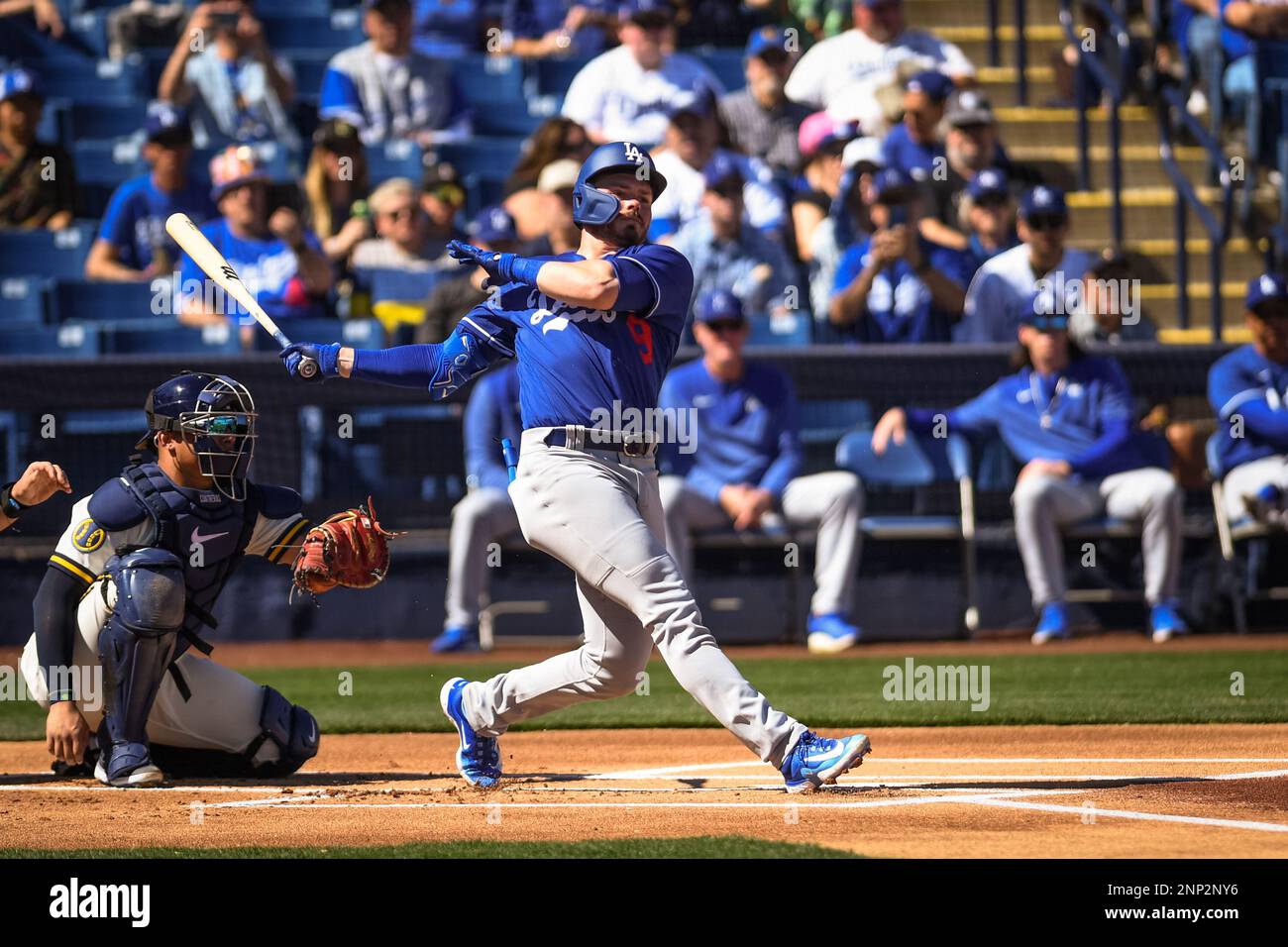 Phoenix, United States. 24th Feb, 2023. Los Angeles Dodgers shortstop Gavin  Lux (9) grounds out to Milwaukee Brewers second baseman Abraham Toro (13)  in the first inning against the Milwaukee Brewers during