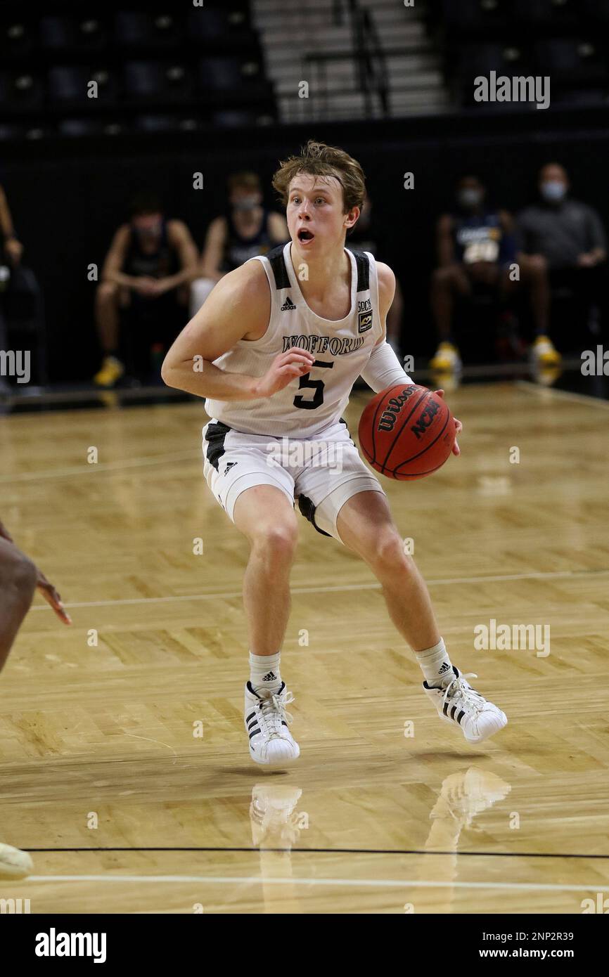 SPARTANBURG, SC - JANUARY 06: Storm Murphy (5) guard of Wofford during a  college basketball game between UNC Greensboro Spartans and the Wofford  Terriers on Jan 6, 2021, at Jerry Richardson Indoor
