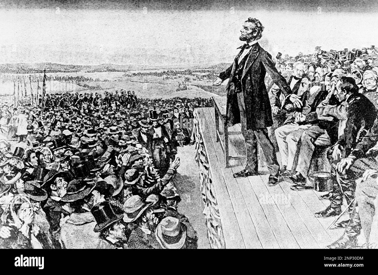 This undated illustration depicts President Abraham Lincoln making his