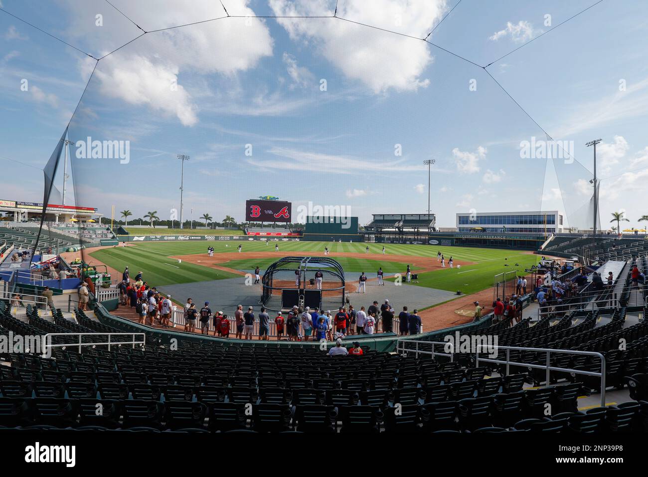 North Port FL USA: A general view of the field during pregame warmups prior to an MLB spring training game between the Atlanta Braves and the Boston R Stock Photo