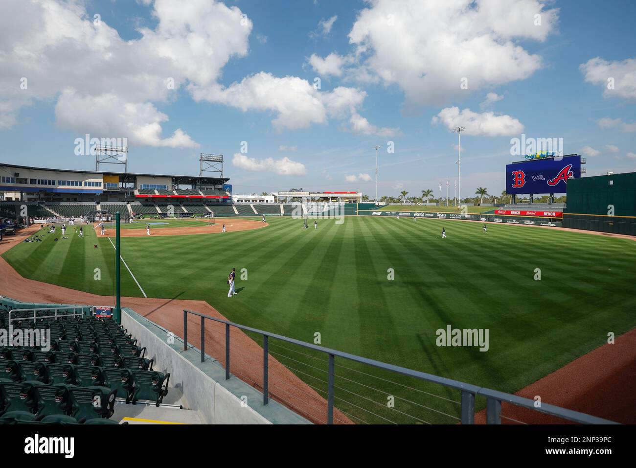 North Port FL USA: A general view of the field during pregame warmups prior to an MLB spring training game between the Atlanta Braves and the Boston R Stock Photo