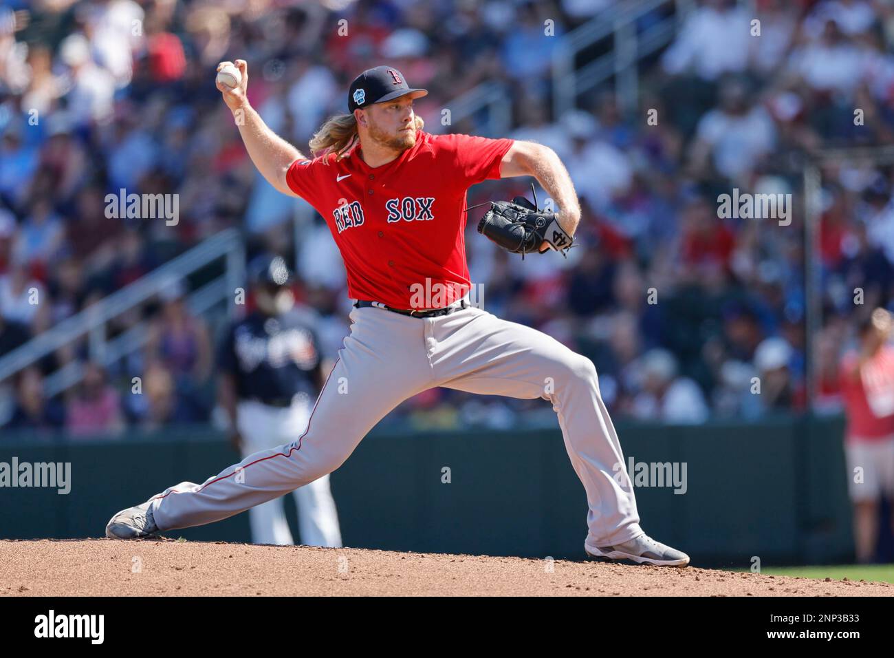 North Port FL USA: Boston Red Sox pitcher Kaleb Out (61) delivers a pitch during an MLB spring training game against the Atlanta Braves at CoolToday P Stock Photo