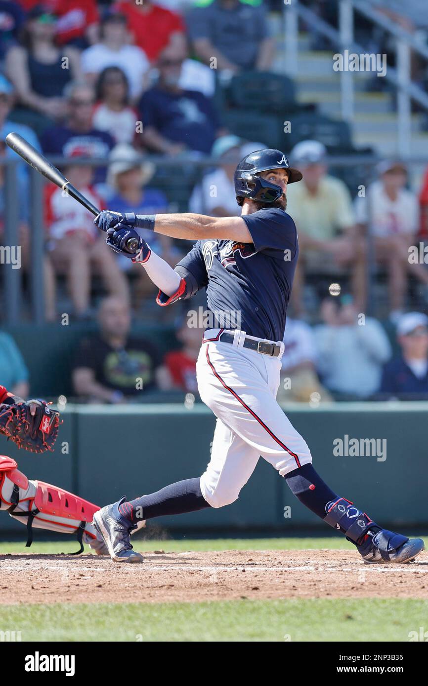 North Port FL USA: Atlanta Braves shortstop Braden Shewmake (65) hits a ball to right field during an MLB spring training game against the Boston Red Stock Photo
