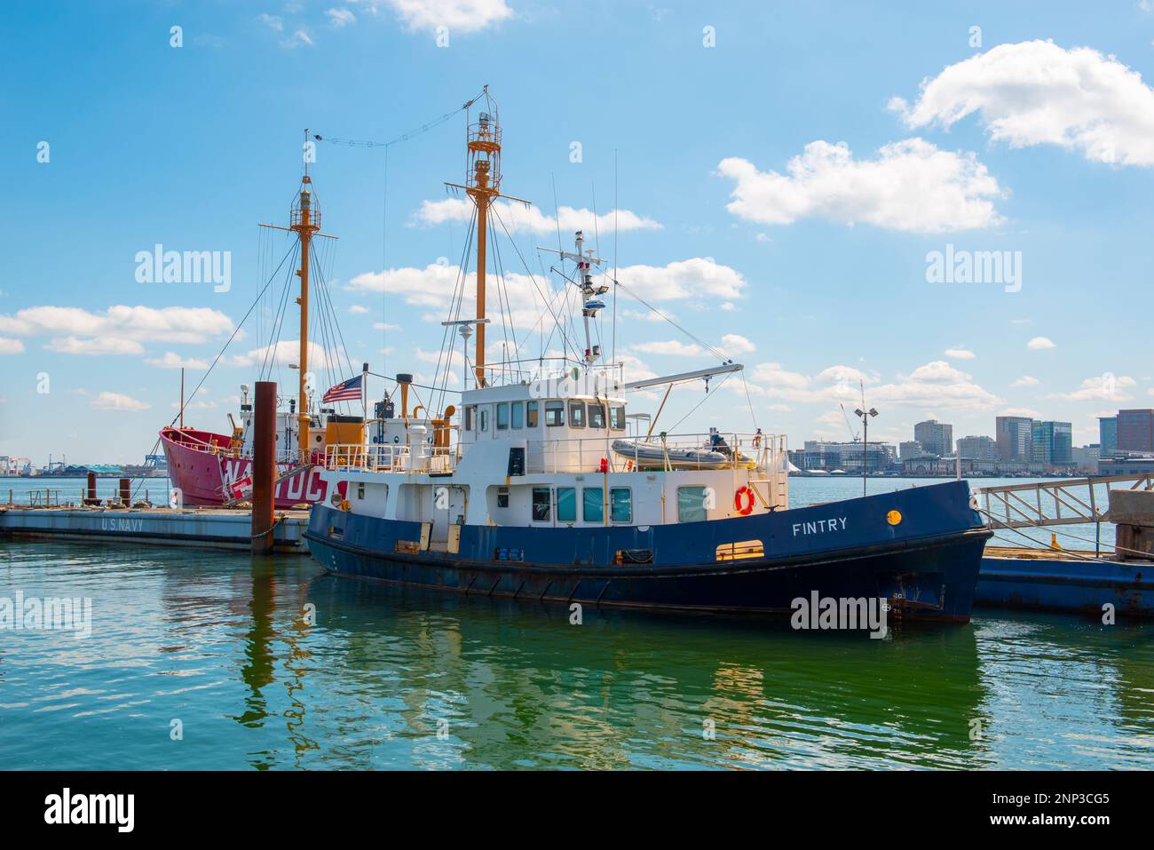 British Royal Navy Tender MV Fintry docked at East Boston in city of Boston, Massachusetts MA, USA. Stock Photo