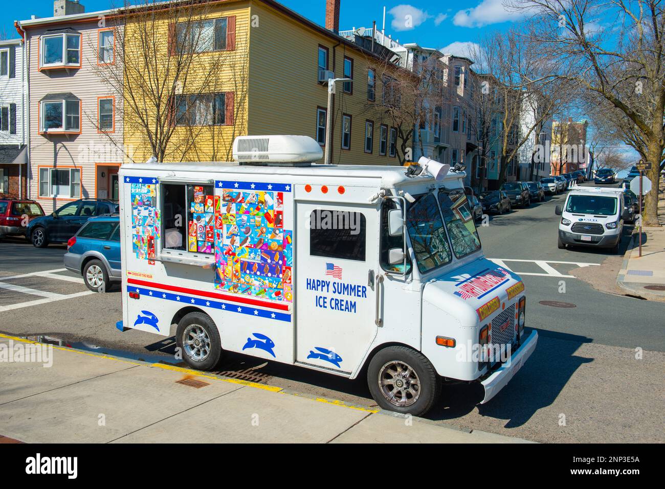Happy Summer Ice Cream vending truck near Boston Harbor in East Boston in city of Boston, Massachusetts MA, USA. Stock Photo