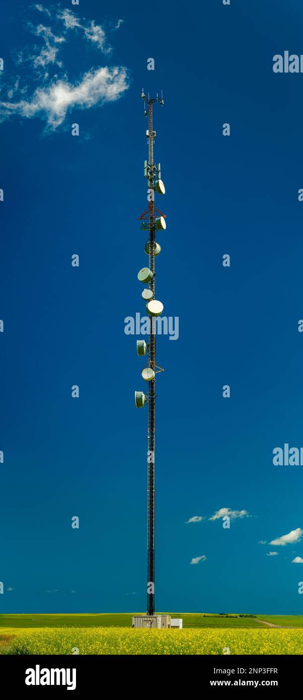 Communications tower on field, Canada Stock Photo
