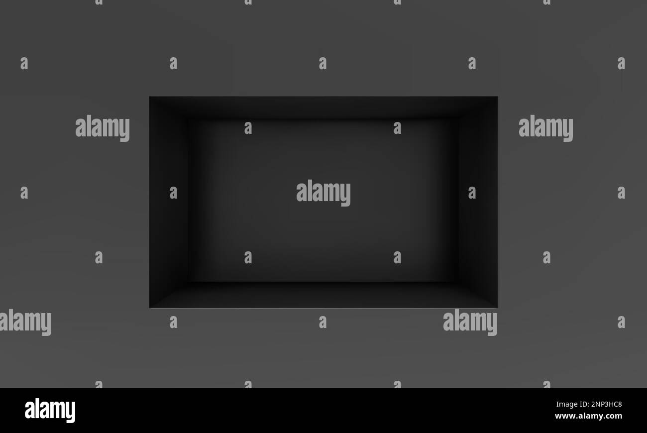 Empty niche or shelf on black wall 3D mockup. Shop, gallery plastic or wooden showcase to