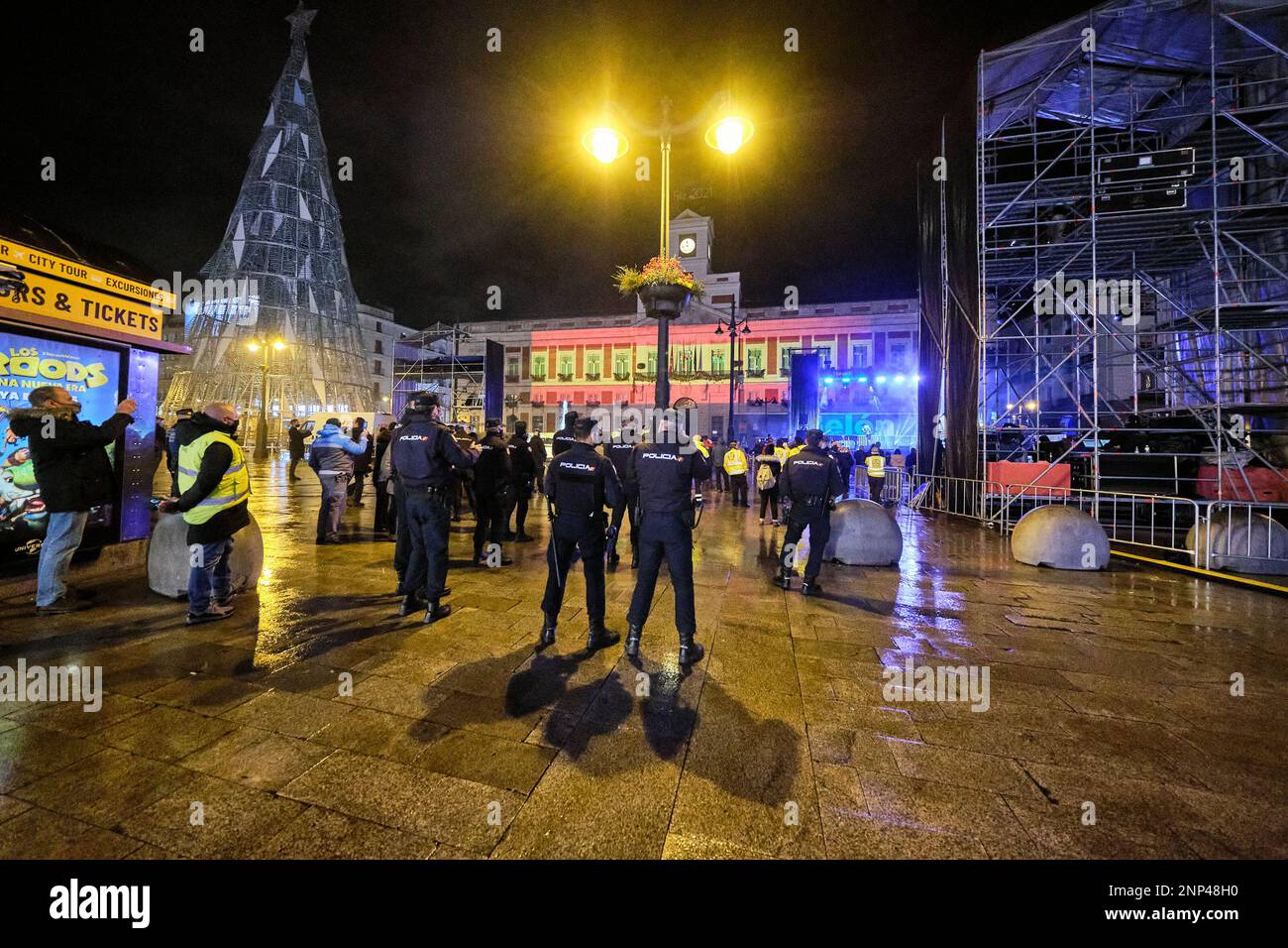 Several people watch Nacho Cano's concert in Puerta del Sol, Madrid  (Spain), on December 31st, 2020. Nacho Cano has performed this New Year's  Eve with only one song minutes before the bells
