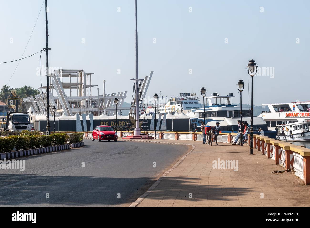 Panjim, Goa, India - January 2023: Luxury casino ships parked on the Mandovi river beside the promenade in the city of Panaji. Stock Photo