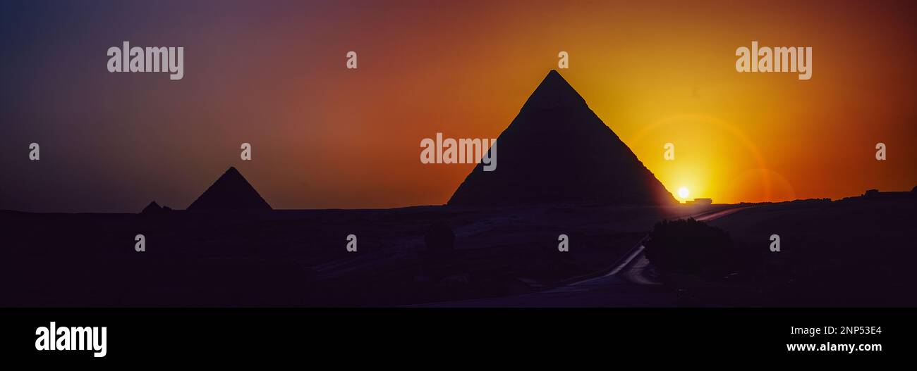 Silhouette of Khafres Pyramid at sunset, Giza, Egypt Stock Photo