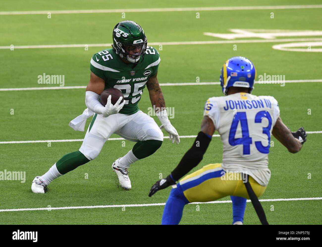 INGLEWOOD, CA - DECEMBER 20: New York Jets Quarterback Sam Darnold (14)  warms up during an NFL game between the New York Jets and the Los Angeles  Rams on December 20, 2020