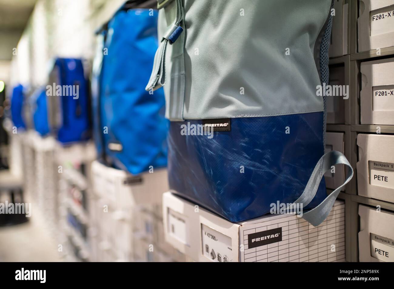 Tokyo, Japan - February 14, 2023: Freitag bags are made from used truck tarps. Stock Photo