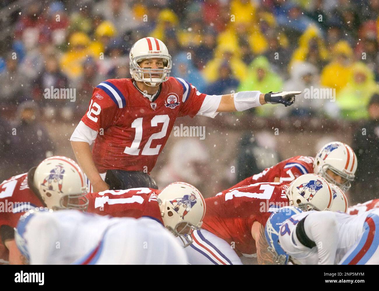 18 October 2009. Patriot Quarterback Tom Brady (12) in the first quarter of  a record setting game. The New England (Boston) Patriots defeated the  Tennessee (Oilers) Titans 59 to 0 in a