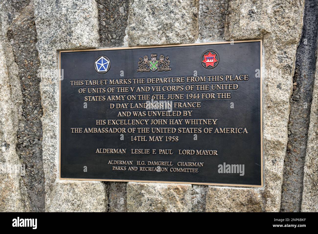 Plaque on the Saltash Passage Memorial to the V and VII Corps of the United States Army for D Day landings in France. Detailed close up. Stock Photo