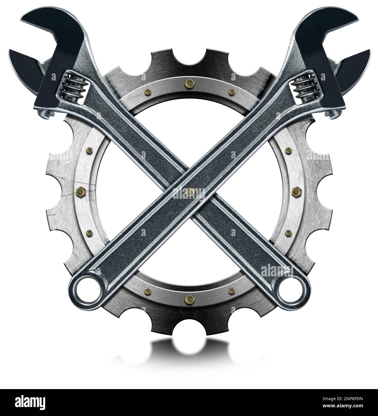 Closeup of two modern stainless steel adjustable wrenches on a metal