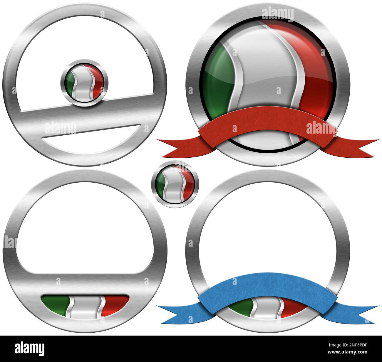 Collection of four round metallic icons or symbols with Italian flag ...