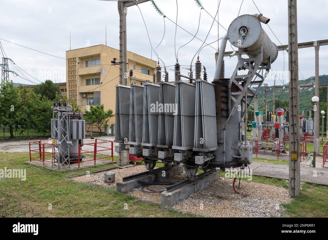 Power transformer in substation. Transformers transfer the energy to