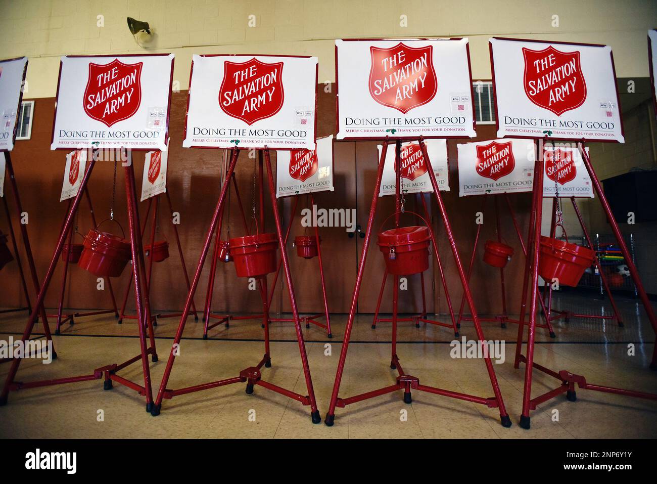 Red kettles are stored in The Salvation Army in WilkesBarre, Pa