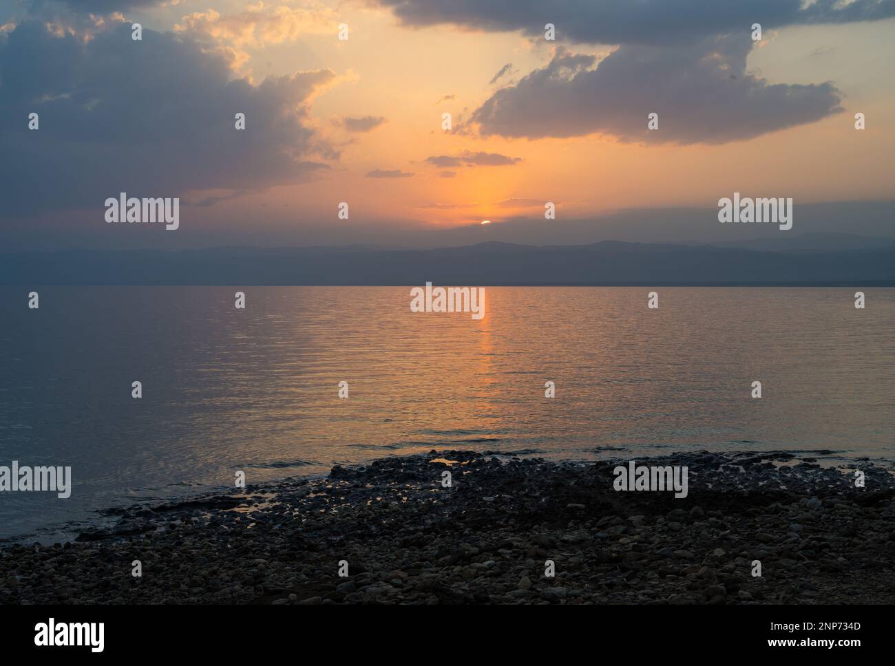 Sunset on the Dead Sea Coast, an Evening Landscape at Dusk near Sweimeh, Jordan Stock Photo
