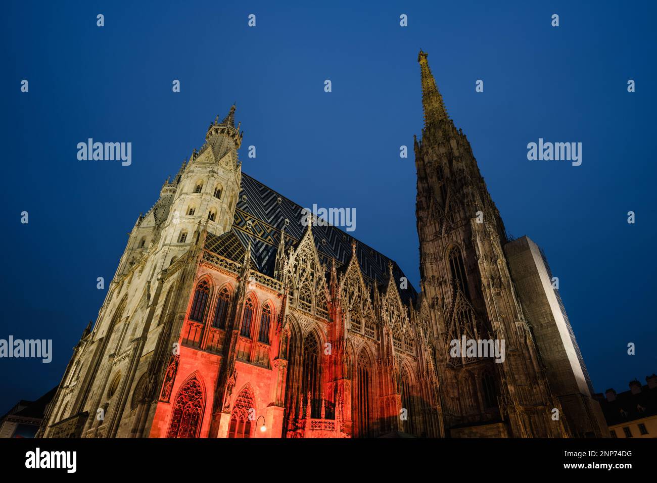 Saint Stephen's Cathedral in Vienna, Austria Illuminated at Night, also called Stephansdom Stock Photo