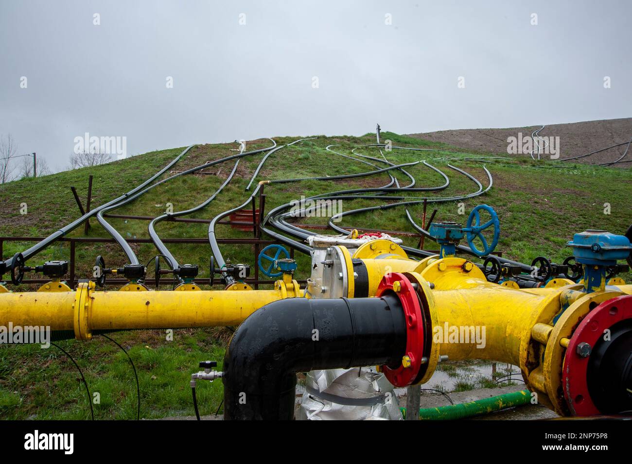 Gas production and distribution pipes. Gas pipeline and methane pipeline in panorama. Stock Photo