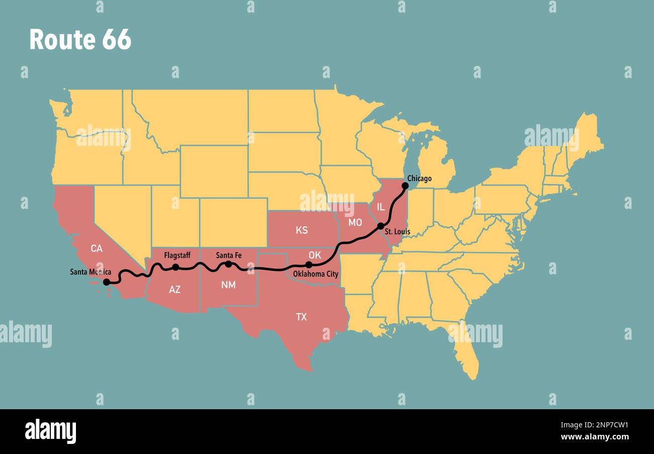 Modern map of the historic Route 66 travel route Stock Photo Alamy