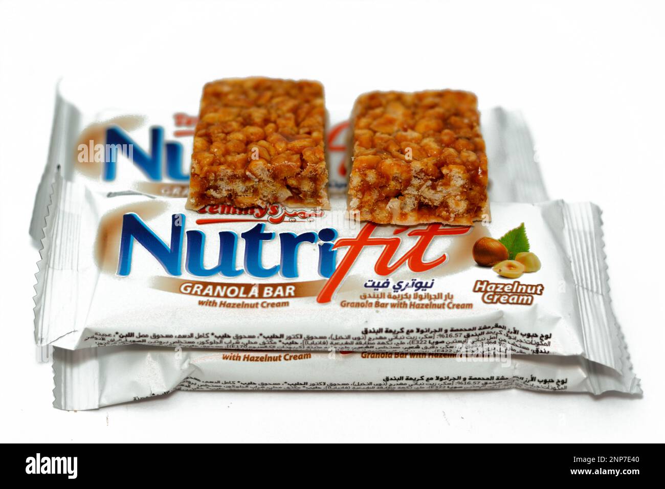 Cairo, Egypt, February 10 2023 Nutrifit granola bar with hazelnut
