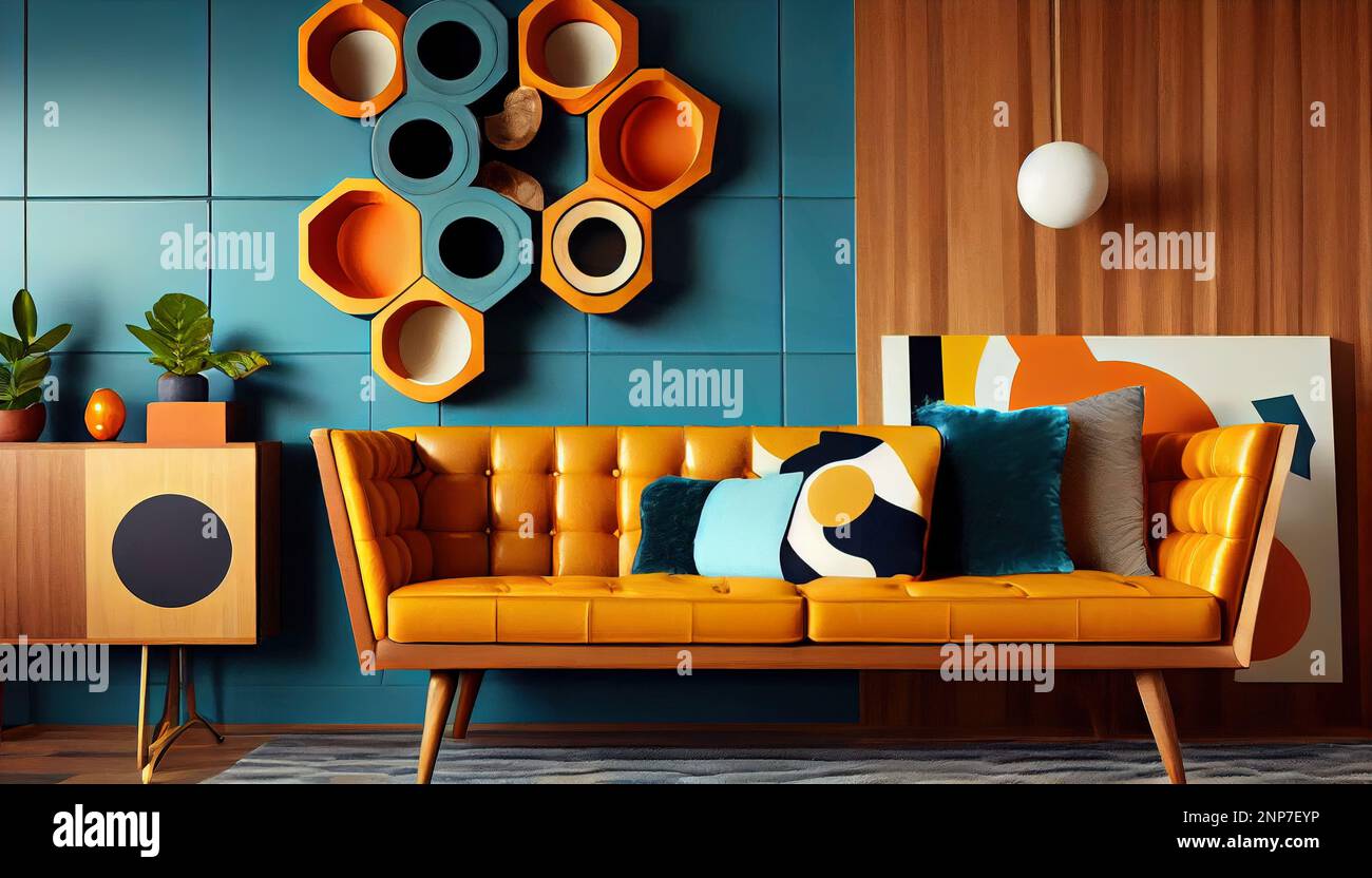 Interior of luxury home, mid century modern trendy living room ...
