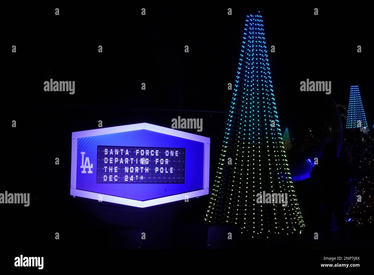 A North Pole departure sign at the Los Angeles Dodgers Holiday Festival
