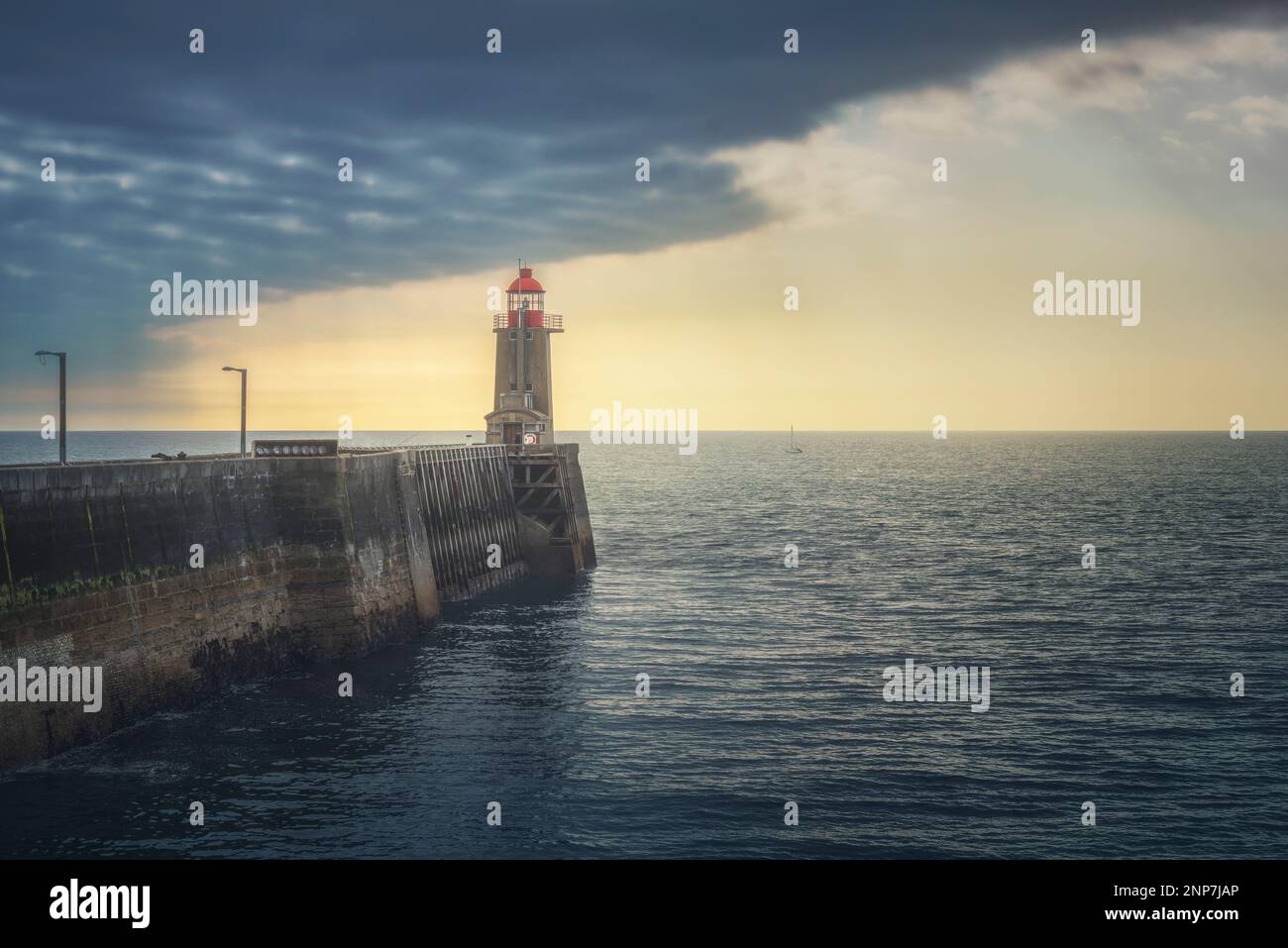 Pier and lighthouse, panoramic view. Fecamp harbor. Normandy France. Stock Photo