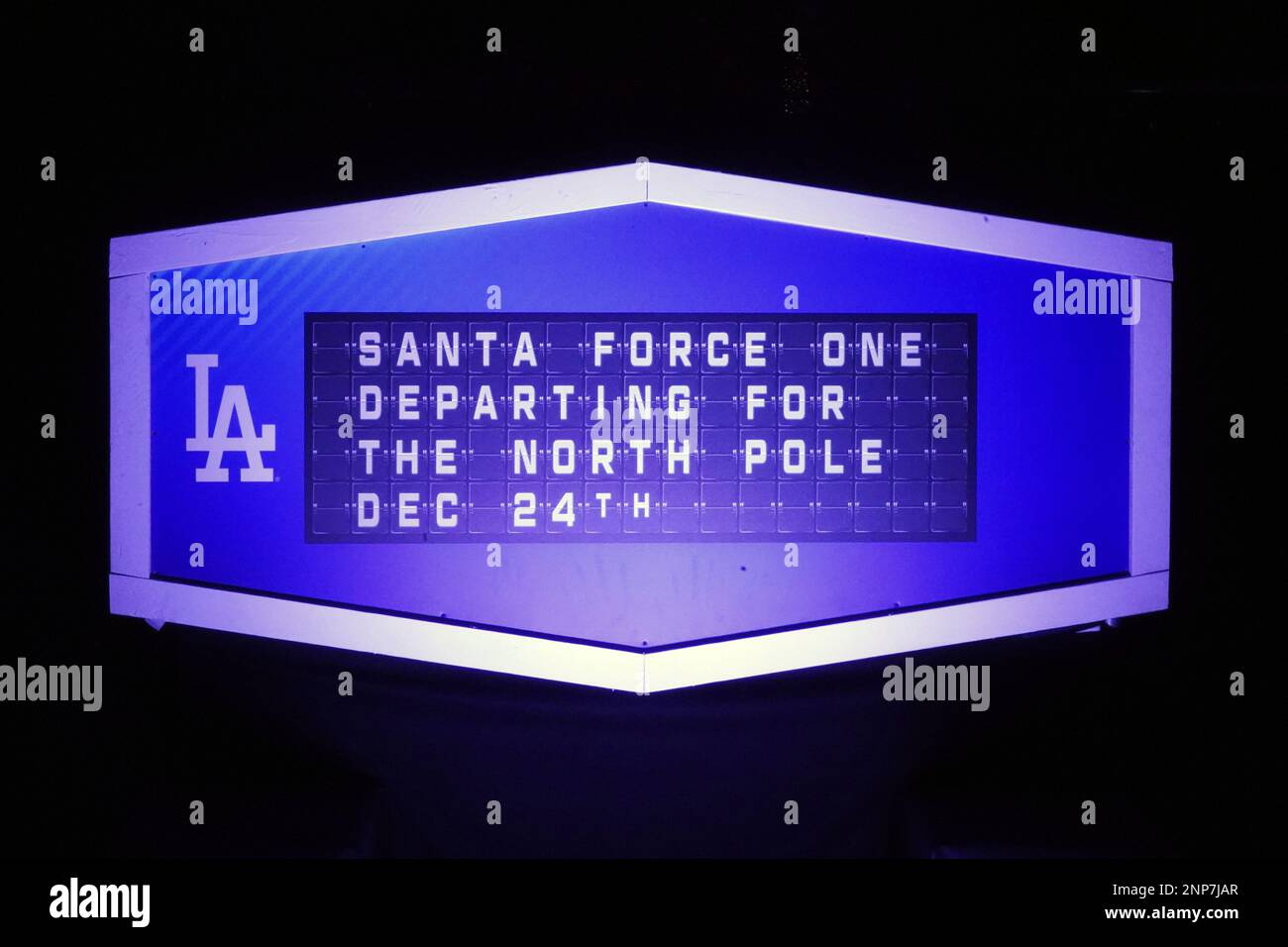 A North Pole departure sign at the Los Angeles Dodgers Holiday Festival