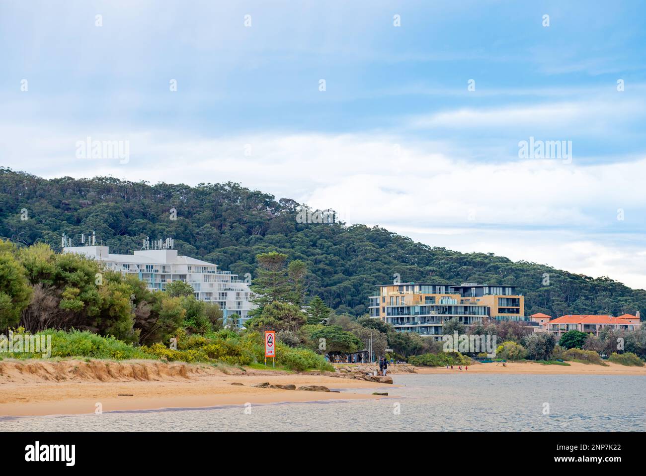Two multistorey apartment blocks that overlook Ettalong Beach on the New South Wales, Central Coast in Australia Stock Photo