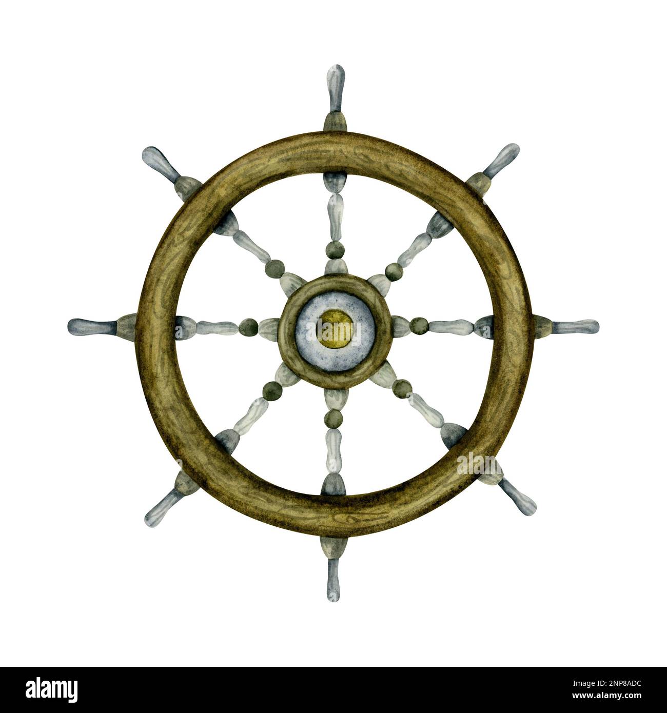 Marine ship steering wheel watercolor illustration. Maritime nautical